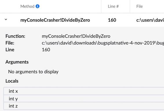 Local Variables and Function Arguments for Native Crash Reports